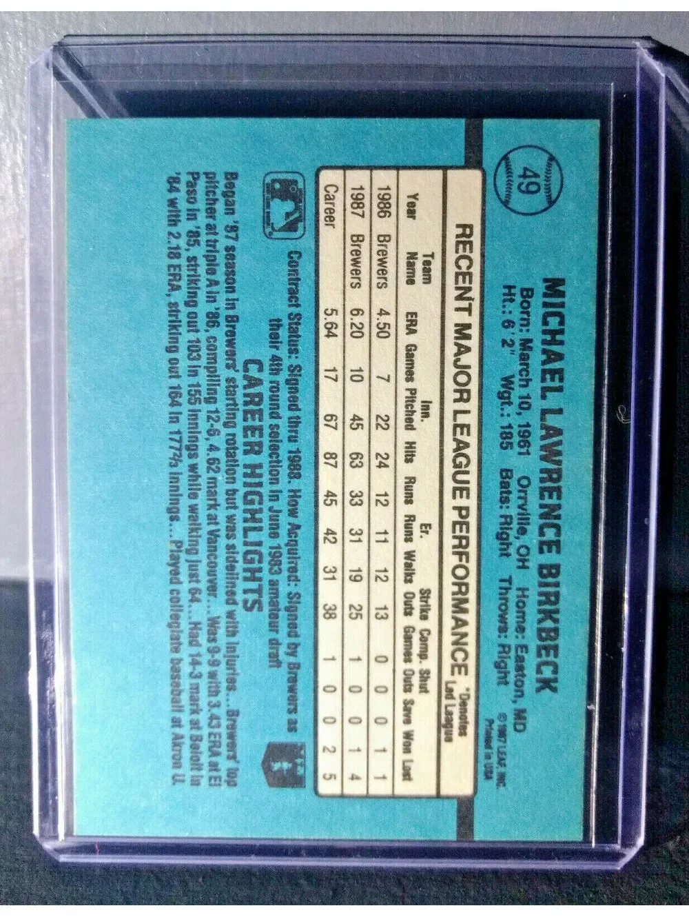 1988 Mike Birkbeck Donruss #49 Baseball Card